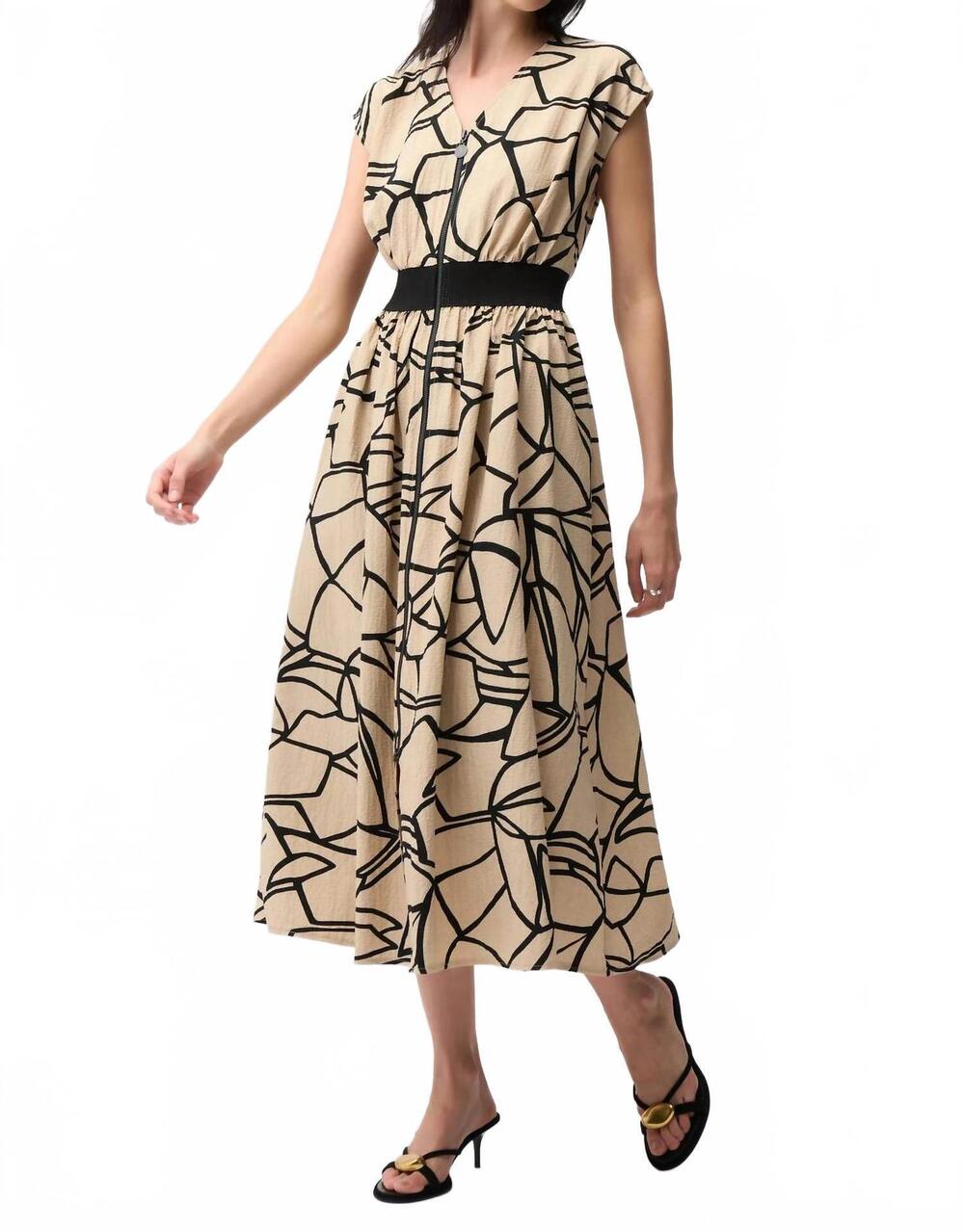 NEW JOSEPH RIBKOFF abstract zip front flared dress in beige/black